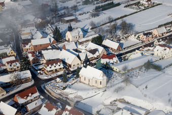 Wintry snowy Church building Eglise protestante de Wintzenbach in Wintzenbach in Grand Est, France