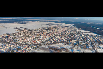Aerial view of City view from the west in snow in winter in Kandel in the state Rhineland-Palatinate, Germany