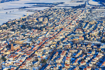 Aerial view of City center from the west in snow in winter in Kandel in the state Rhineland-Palatinate, Germany