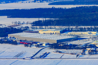 Aerial photograpy of Horst industrial estate from the southeast in snow in winter in the district Minderslachen in Kandel in the state Rhineland-Palatinate, Germany