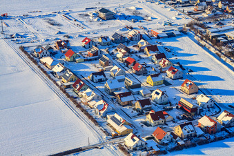 Aerial view of Beech path in snow in winter in Steinweiler in the state Rhineland-Palatinate, Germany
