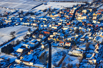 Aerial view of Village view from the southeast in snow in winter in Impflingen in the state Rhineland-Palatinate, Germany