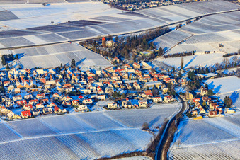 Village view from the south in snow in winter in the district Wollmesheim in Landau in der Pfalz in the state Rhineland-Palatinate, Germany