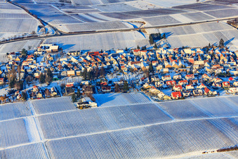 Aerial photograpy of Village view from the south in snow in winter in the district Wollmesheim in Landau in der Pfalz in the state Rhineland-Palatinate, Germany