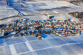 Oblique view of Village view from the south in snow in winter in the district Wollmesheim in Landau in der Pfalz in the state Rhineland-Palatinate, Germany