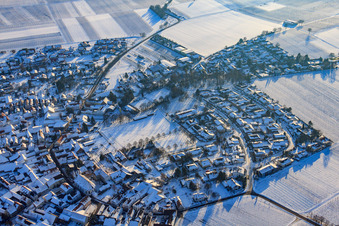 Aerial view of Village view from the north in snow in winter in the district Mörzheim in Landau in der Pfalz in the state Rhineland-Palatinate, Germany