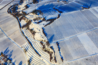 Aerial view of Small Kalmit in winter with snow in Ilbesheim bei Landau in the state Rhineland-Palatinate, Germany