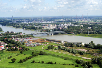 Aerial view of Rail and Street bridges construction across the Rhine river between Karlsruhe and Woerth am Rhein in the state Rhineland-Palatinate, Germany