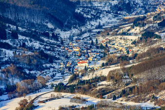 Aerial view of Village view in the Palatinate Forest from the southeast in snow in winter in Eußerthal in the state Rhineland-Palatinate, Germany