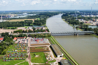 Aerial photograpy of Rail and Street bridges construction across the Rhine river between Karlsruhe and Woerth am Rhein in the state Rhineland-Palatinate, Germany