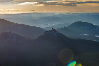 Aerial view of Trifels Castle in the snow in Annweiler am Trifels in the state Rhineland-Palatinate, Germany