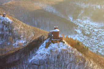 Aerial photograpy of Trifels Castle in the snow in Annweiler am Trifels in the state Rhineland-Palatinate, Germany