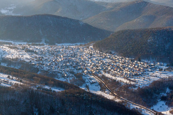 Winter snow-covered village view in Wernersberg in the state Rhineland-Palatinate, Germany