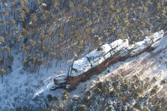 Aerial view of Asselstein in the snow in Annweiler am Trifels in the state Rhineland-Palatinate, Germany