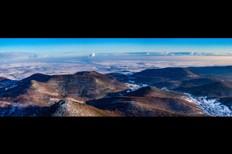 Panorama of the edge of the Palatinate Forest from the northeast in snow in winter in Waldrohrbach in the state Rhineland-Palatinate, Germany