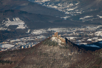 Trifels Castle in the snow in Annweiler am Trifels in the state Rhineland-Palatinate, Germany from above