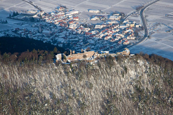 Oblique view of Ruins and vestiges of the former castle and fortress Burgruine Madenburg in Eschbach in the state Rhineland-Palatinate