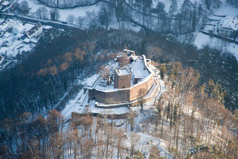 Wintry snowy ruins and vestiges of the former castle Landeck in Klingenmuenster in the state Rhineland-Palatinate during Winter