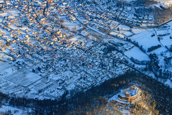 Aerial view of Village view in snow in winter in Klingenmünster in the state Rhineland-Palatinate, Germany