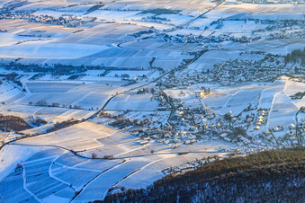 Village view in snow in winter from the north in the district Gleiszellen in Gleiszellen-Gleishorbach in the state Rhineland-Palatinate, Germany