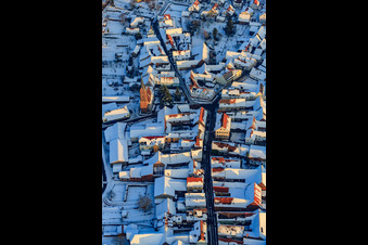 Aerial view of Protest. Church and Wassergassse x upper main street in winter with snow in the district Kapellen in Kapellen-Drusweiler in the state Rhineland-Palatinate, Germany