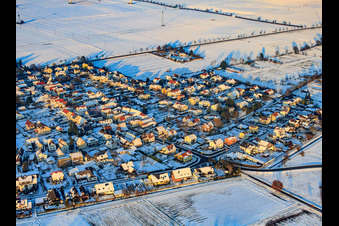 Aerial view of Holzgasse in the evening light with snow in winter in Minfeld in the state Rhineland-Palatinate, Germany