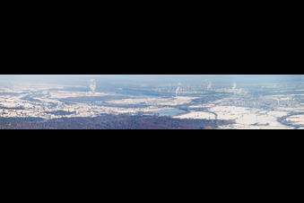 Panorama of the wintery snow-covered city from the southwest in the district Maximiliansau in Wörth am Rhein in the state Rhineland-Palatinate, Germany