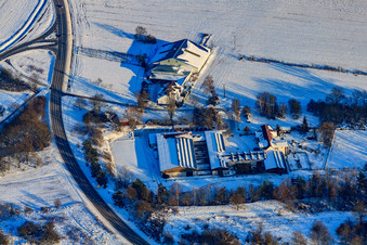Riding stable in snow in winter in Hagenbach in the state Rhineland-Palatinate, Germany