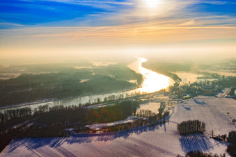 Course of the Rhine to the south in snow in winter in Lauterbourg in the state Bas-Rhin, France