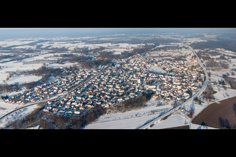 Aerial view of Wintry snowy Town View of the streets and houses of the residential areas in Mothern in Grand Est, France