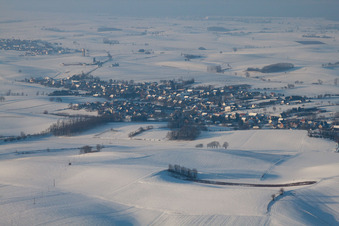 In winter when there is snow in Neewiller-près-Lauterbourg in the state Bas-Rhin, France from above