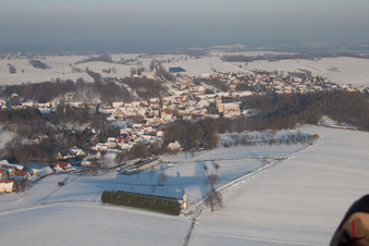 In winter when there is snow in Neewiller-près-Lauterbourg in the state Bas-Rhin, France seen from above