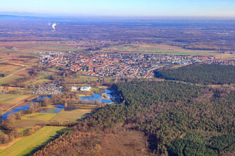 City view behind the lido from the southwest in Rülzheim in the state Rhineland-Palatinate, Germany
