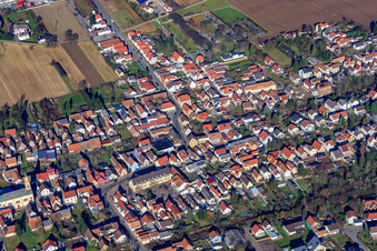 Aerial view of Main Street in Lingenfeld in the state Rhineland-Palatinate, Germany