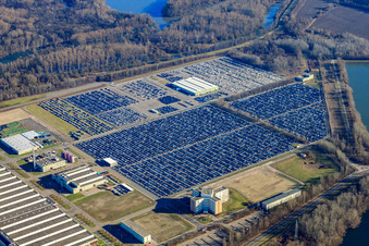 Full parking lot of the Mercedes-Benz Global Logistics Center and MOSOLF Logistics & Services GmbH on the island of Grün in Germersheim in the state Rhineland-Palatinate, Germany