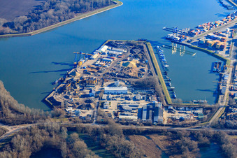 Harbor Germersheim with Dyckerhoff Beton GmbH & Co. KG and marina of the Motorboat Sports Club Germersheim eV in Germersheim in the state Rhineland-Palatinate, Germany