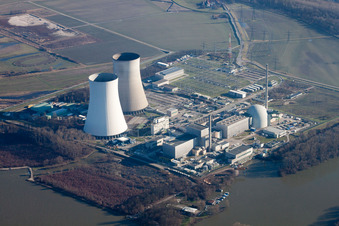 Nuclear power plant in Philippsburg in the state Baden-Wuerttemberg, Germany from the plane