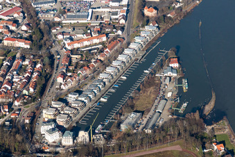 Aerial view of Residential buildings in the development area on the river Rhine quayside of the former port Hafenstrasse in Speyer in the state Rhineland-Palatinate, Germany