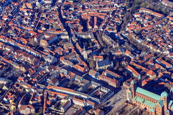 Aerial view of Maximilianstraße from the cathedral to the Altpörtel in Speyer in the state Rhineland-Palatinate, Germany