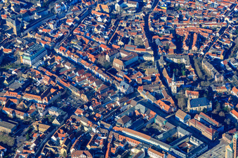 Aerial photograpy of Maximilianstraße from the cathedral to the Altpörtel in Speyer in the state Rhineland-Palatinate, Germany
