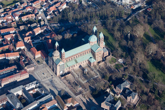 Aerial view of Church building of the cathedral in the old town in Speyer in the state Rhineland-Palatinate