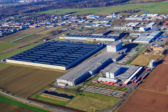 Aerial view of Interpark commercial area with Mercedes-Benz Logistics Center, Tricor Packaging & Logistics AG and Progroup Board GmbH in Offenbach an der Queich in the state Rhineland-Palatinate, Germany