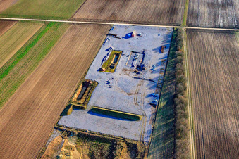Aerial view of Construction site for test drilling for geothermal energy in Rülzheim in the state Rhineland-Palatinate, Germany
