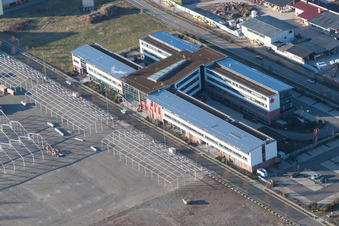 Aerial view of Banking administration building of the financial services company Sparkasse Suedliche Weinstrasse in the district Queichheim in Landau in der Pfalz in the state Rhineland-Palatinate, Germany