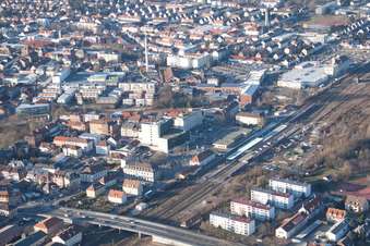 Aerial view of Railroad station in Landau in der Pfalz in the state Rhineland-Palatinate, Germany