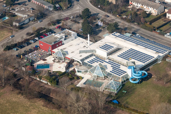 Aerial view of Waterslide on Swimming pool of the La Ola in the district Queichheim in Landau in der Pfalz in the state Rhineland-Palatinate, Germany