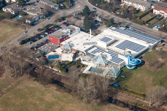 Aerial photograpy of Waterslide on Swimming pool of the La Ola in the district Queichheim in Landau in der Pfalz in the state Rhineland-Palatinate, Germany