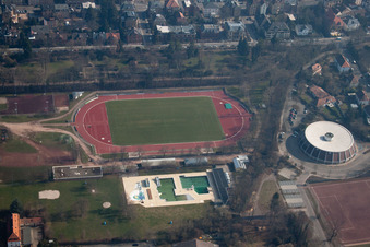 Aerial view of Round sports hall, outdoor pool in Landau in der Pfalz in the state Rhineland-Palatinate, Germany