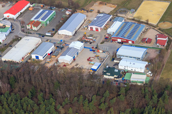 Aerial photograpy of Am Gäxwald industrial park with transparent packaging Weber GmbH, REGAB GmbH civil engineering and Feinwerk precision and measuring technology GmbH & Co. KG in Herxheim bei Landau in the state Rhineland-Palatinate, Germany