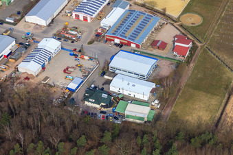 Am Gäxwald industrial park with transparent packaging Weber GmbH, REGAB GmbH civil engineering and Feinwerk precision and measuring technology GmbH & Co. KG in Herxheim bei Landau in the state Rhineland-Palatinate, Germany from above